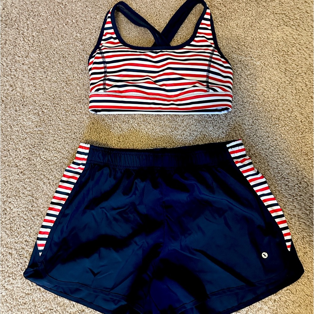 Matching red, white & blue sports bra & short set. Brand-Xersion.